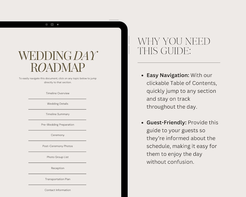 May include: A digital guide for wedding planning with a list of topics including timeline overview, wedding details, pre-wedding preparation, ceremony, post-ceremony photos, photo group list, reception, transportation plan, and contact information. The guide also explains why it is helpful for wedding planning.
