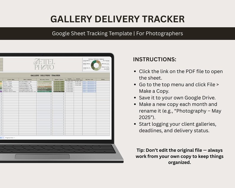 Modello di Google Sheets per il monitoraggio delle consegne della galleria per fotografi, monitoraggio delle scadenze, strumento aziendale per fotografi, CRM per la gestione dei clienti immagine 7