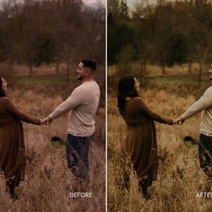 Puede incluir: Imagen de antes y despu&eacute;s de una pareja tomados de la mano en un campo. La mujer lleva un vestido marr&oacute;n, y el hombre una camisa beige de manga larga y vaqueros azules. El fondo presenta hierba alta y &aacute;rboles.