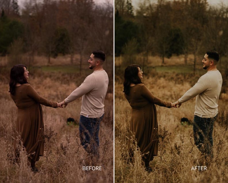 Puede incluir: Imagen de antes y despu&eacute;s de una pareja tomados de la mano en un campo. La mujer lleva un vestido marr&oacute;n, y el hombre una camisa beige de manga larga y vaqueros azules. El fondo presenta hierba alta y &aacute;rboles.