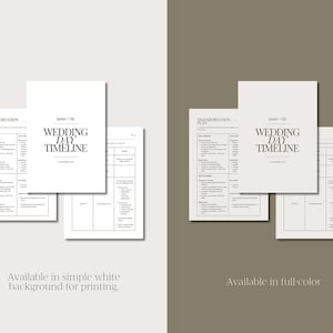 May include: A printable wedding day timeline template in black and white with the text "Wedding Day Timeline" and "James + Lily" at the top. The template includes sections for transportation, ceremony, reception, and other details.