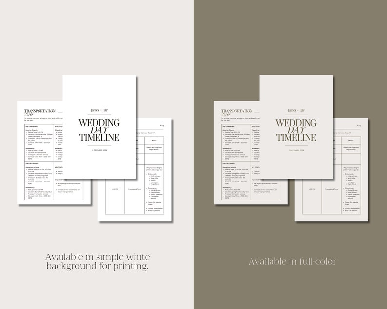 May include: A printable wedding day timeline template in black and white with the text "Wedding Day Timeline" and "James + Lily" at the top. The template includes sections for transportation, ceremony, reception, and other details.