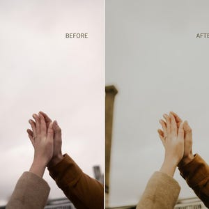 Puede incluir: Dos manos entrelazadas, una con un anillo, contra un cielo nublado. La imagen est&aacute; dividida, con "BEFORE" a la izquierda y "AFTER" a la derecha, sugiriendo una comparaci&oacute;n de edici&oacute;n de fotos. Las mangas son marrones y beige.