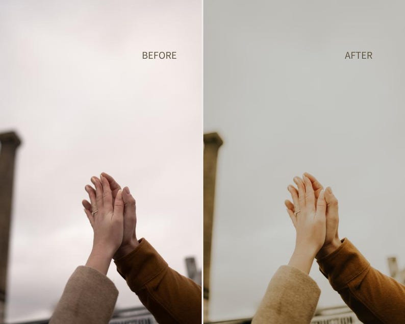 Puede incluir: Dos manos entrelazadas, una con un anillo, contra un cielo nublado. La imagen est&aacute; dividida, con "BEFORE" a la izquierda y "AFTER" a la derecha, sugiriendo una comparaci&oacute;n de edici&oacute;n de fotos. Las mangas son marrones y beige.