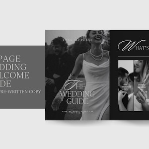 May include: A black and white photograph of a wedding couple with the text "The Wedding Guide" and "What's Inside" on a black background. The guide includes sections for pre-wedding, during wedding, and post wedding.