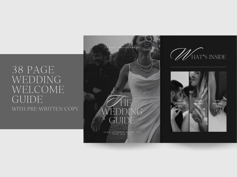 May include: A black and white photograph of a wedding couple with the text "The Wedding Guide" and "What's Inside" on a black background. The guide includes sections for pre-wedding, during wedding, and post wedding.