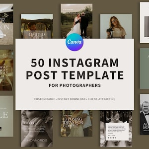 May include: A collection of Instagram post templates for photographers. The central image displays the text "50 Instagram Post Template for Photographers" with the Canva logo. Surrounding images showcase photography examples and promotional text.