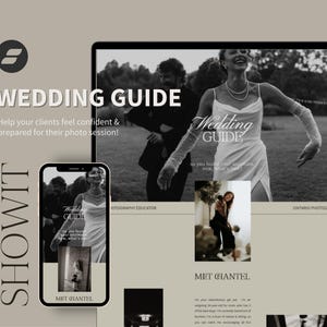 Op de afbeelding: Een schermafbeelding van een website die een bruiloftsgids voor fotografen laat zien. De gids bevat tips over hoe je klanten kunt voorbereiden op hun fotoshoot. De website is ontworpen in zwart-wit met een moderne esthetiek.
