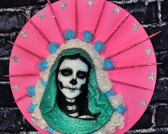 Skeleton Madonna Shrine – Rhinestone Gothic Day of the Dead Wall Art