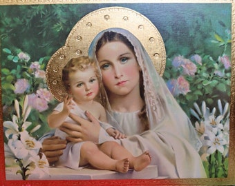 Virgin Mary and Child Gold Leaf Wall Hanging Wood Print