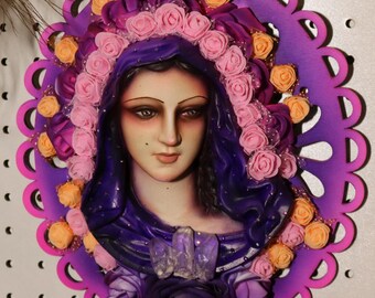 Gothic Sacred Heart Wall Hanging | Real Quartz Crystal Shrine | Purple Religious Decor | Wall Art