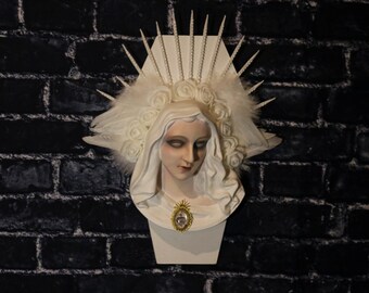 Large White Gothic Madonna Wall Shrine Pearl Halo Sacred Feminine Wall Sculpture Handmade Catholic