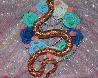 Gold Serpent Wreath | Handmade Snake Wall Hanging | Gothic Maximalist Decor | Faux Rose & Pearl Baroque Wall Art