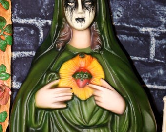 Dark Corpse Paint Sacred Heart Mary • Hand-Painted Gothic Wall Hanging