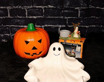 Vintage Halloween Decor Lot | Ceramic Ghost Dish Pumpkin Light & Tealight Holder | Retro Halloween Decorations