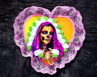 Skeleton Sacred Heart Wall Shrine with Gold Scorpion | Gothic Mixed Media Wall Hanging
