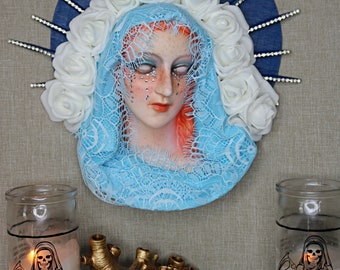 Red Hair Blue Veil Haloed Virgin Mary