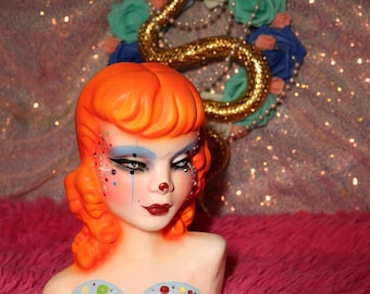 Clown Pin Up Bust | Handmade Rhinestone Circus Girl Sculpture | Retro Showgirl Art | Kitsch Carnival Decor