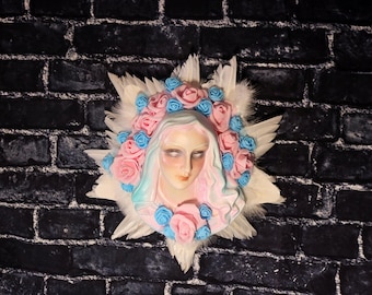 Pastel Gothic Madonna Wall Shrine 12” Handcrafted Floral Halo Bust | Ethereal Catholic Art Decor