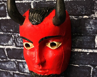 Hand Carved Wood Devil Mask with Horns