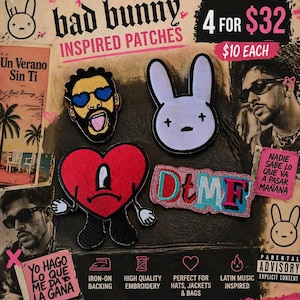 May include: A collection of Bad Bunny inspired patches. The patches include a heart character, a bunny, and a face with sunglasses. The text "bad bunny INSPIRED PATCHES" is displayed at the top. The patches are iron-on and perfect for hats, jackets, and bags.