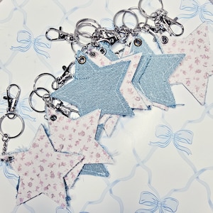 Denim Keychain, Reversible Fabric Bag Charm, Upcycled Jean Key Fob, Handmade Star Accent, Eco Friendly Gift