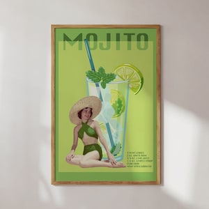 Impresión de cóctel, Póster de los años 70, Impresión de mujer retro, Arte de pared funky, Impresión de bar colorido, Decoración de la habitación preppy, Decoración maximalista, Impresión mojito, Póster de alcohol
