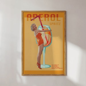 Cocktail Print,Aperol Spritz Poster,70s Vintage Wall Art,Kitchen Bar Decor,Preppy Room Decor,Retro Woman Poster,Funky Print,Eclectic Decor