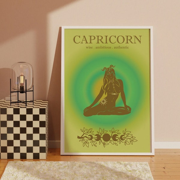 Capricorn,Zodiac Art,Room Decor Aesthetic Indie,Retro Gradient Poster,Above Bed Decor,Trendy Posters,Capricorn Art Print,Oversized Wall Art