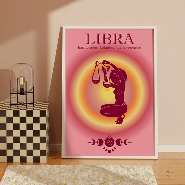 Libra,Zodiac Art,Aura Poster,Libra Gift,Spiritual,Retro Gradient Poster,Star Sign Art,Aesthetic Poster,Indie Room Decor,Nude Woman Art