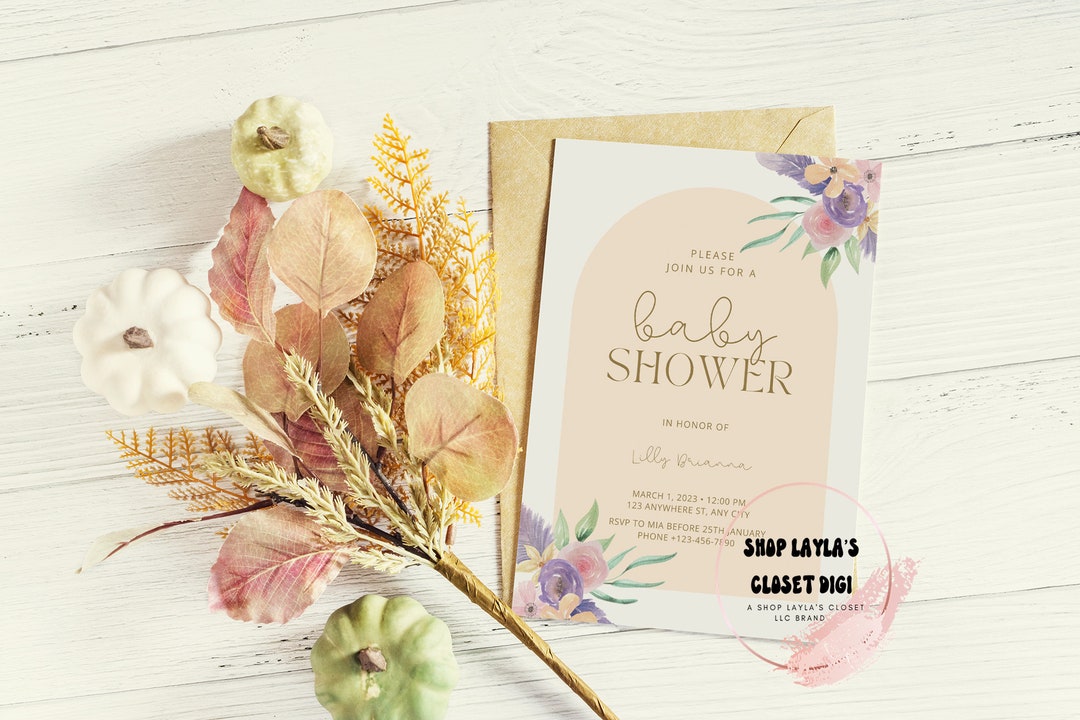 Boho Floral Baby Shower Invitation, Editable Baby Shower Invite, Boho