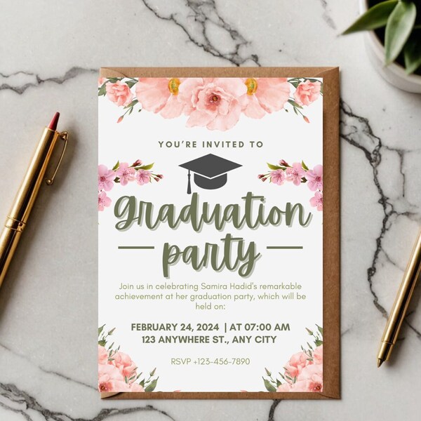 EDITABLE Pink and Green Floral Graduation Party Invitation