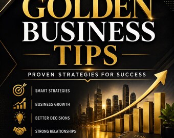 Plantilla de Canva con consejos empresariales de oro, portada de guía empresarial, libro electrónico para emprendedores, cuaderno de trabajo con estrategias para el éxito.