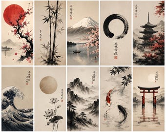 Conjunto de arte mural japonés / Tinta sumi Sakura, Monte Fuji, Zen (Descarga digital)