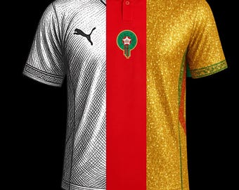 Maqueta de camiseta de fútbol para hombre, camiseta deportiva roja, blanca y dorada (descarga digital)