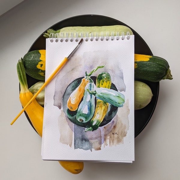 Peinture originale à l’aquarelle faite à la main de courgettes, illustration d’automne, décoration murale miniature