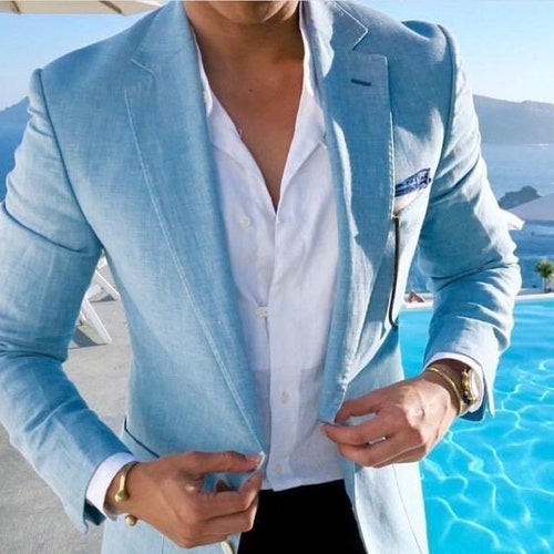 Men Linen Beach Coat Men Slim Fit Sky blue Jackets Men Two Button Dinner Coat shops Men Linen Grooms Coat