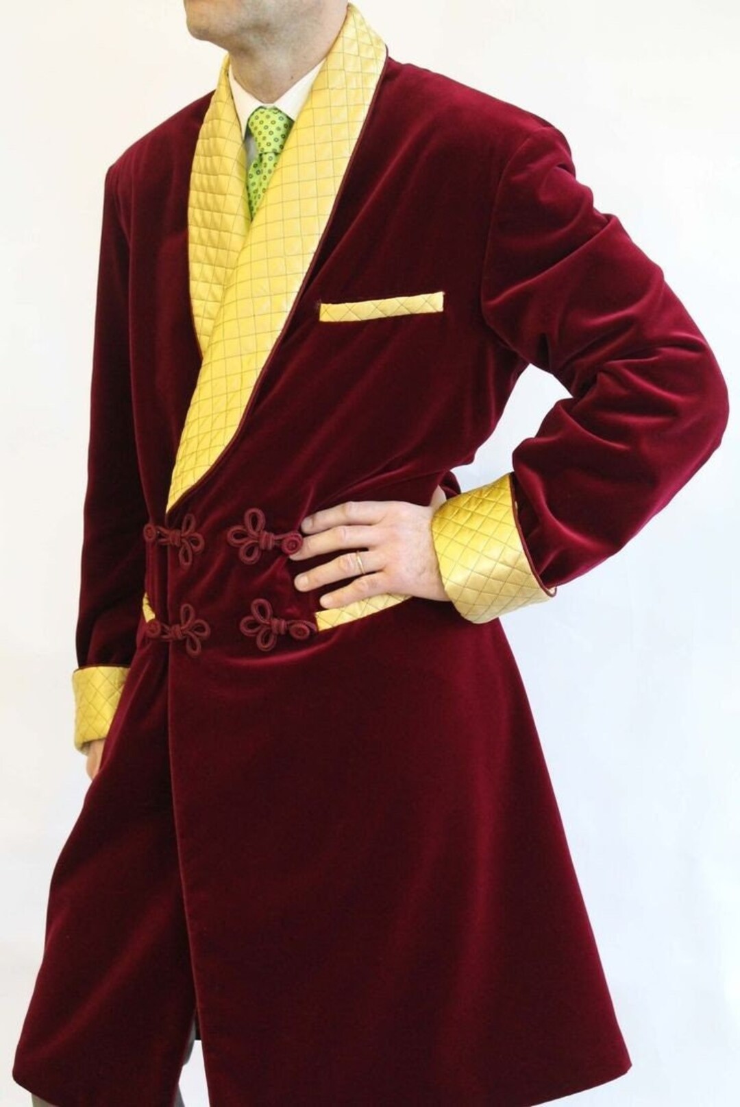 Mens Velvet Dressing Gown Smoking Jacket Maroon Quilted Silk Etsy