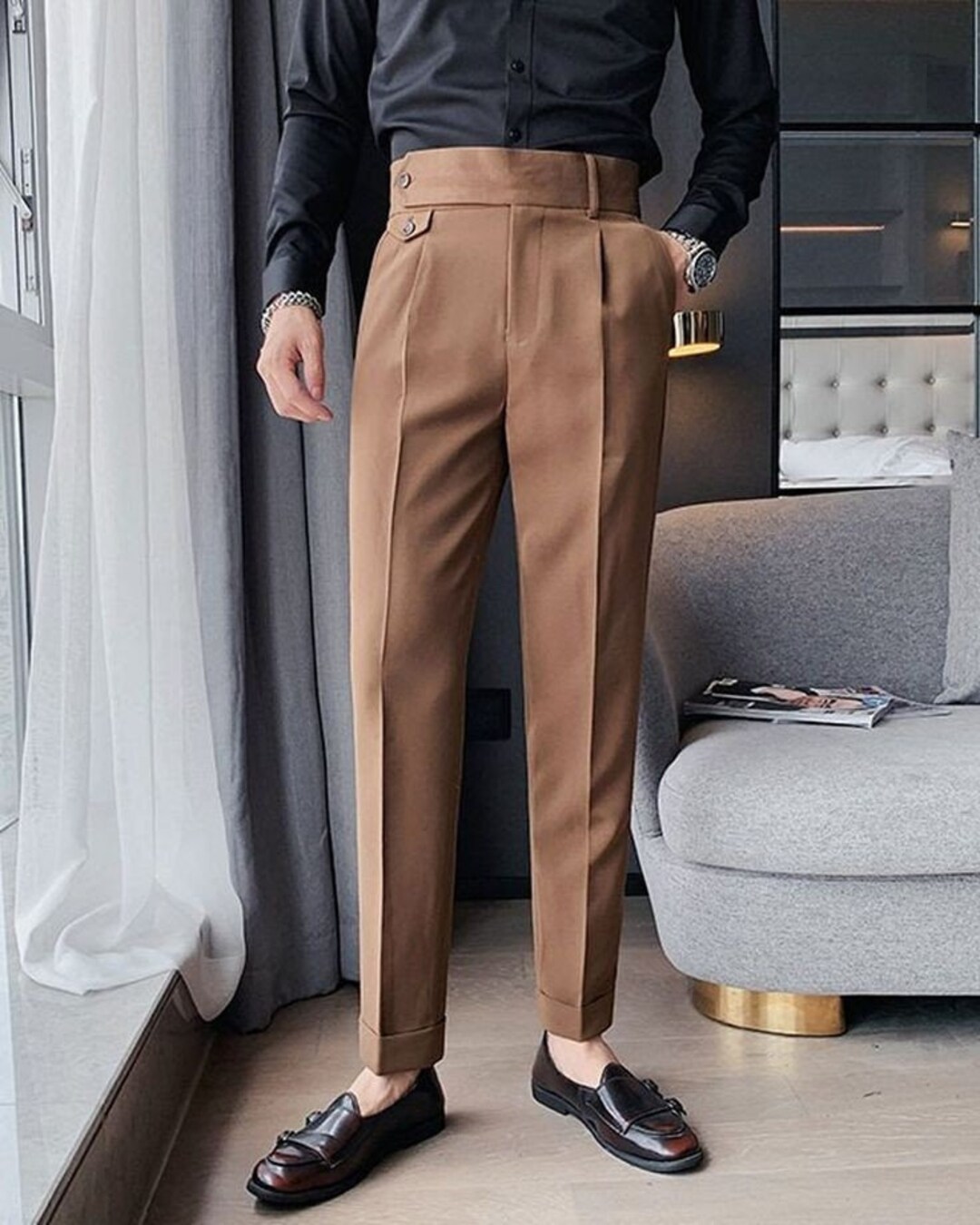 Men's Brown High Waist Gurkha Pant Regular Fit Cotton - Etsy