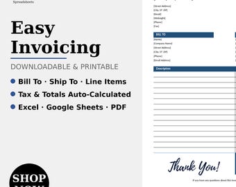Easy Invoicing Excel Spreadsheet | Invoice Template Downloadable & Printable | Small Business Invoice | Freelancer | Instant Download