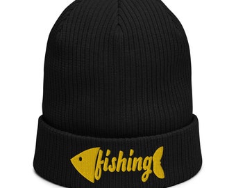 May include: Black knit beanie with a yellow fish and the word "fishing" embroidered on the front.
