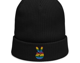 Peace Sign Gay Pride Beanie - Embroidered Beanie Hat with a peace Sign In Rainbow Colours  - a great birthday or Christmas present