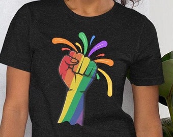 Pride T-Shirt - Unisex Rainbow Fist Logo LGBTQ Flag Tee | Gay Pride Gift | Pride Week/Month Shirt