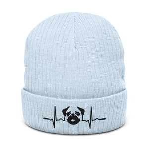 Pug Gift - Dog Walking Winter Beanie pug Embroidered Heartbeat The Ideal Christmas or Birthday Gift For A Pug Lover Ribbed knit beanie