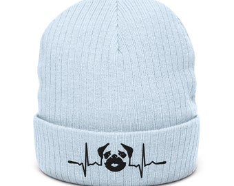 Pug Gift - Dog Walking Winter Beanie pug Embroidered Heartbeat The Ideal Christmas or Birthday Gift For A Pug Lover Ribbed knit beanie