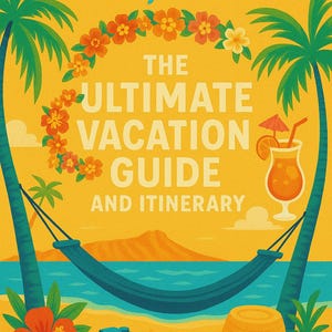May include: A vibrant travel guide cover for Oahu, Hawaii. The design features palm trees, a hammock, a cocktail, and a camera on a sandy beach. Text reads "Oahu, Hawaii" and "The Ultimate Vacation Guide and Itinerary."