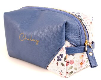 Personalized Makeup Cosmetic Bag with Duo Style, made of Floral Canvas and Premium PU Leather