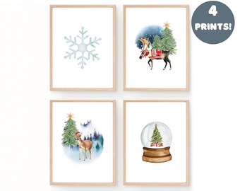 Christmas Set of 4 Gallery Printable Wall Art, Winter Deer Xmas Art Prints, Christmas Digital Download, Festive Wall Decor