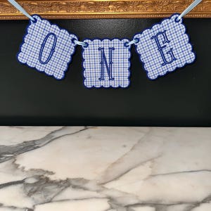 ONE Birthday Banner Boy – Blue Gingham Embroidered High Chair Garland – 1st Birthday Photo Prop – Fabric Party Decoration – First Keepsake