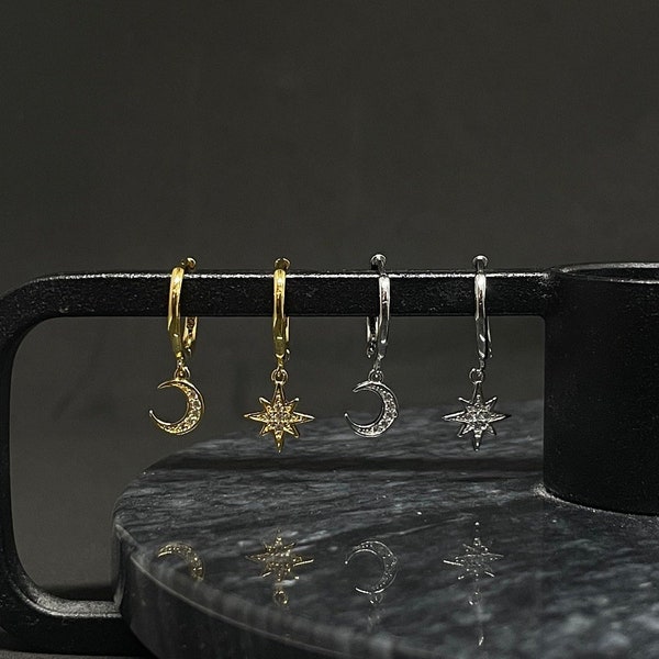 925 Sterling Silver Star and Moon Hoop Earrings, 18K Gold-Plated, Celestial Earrings, Mismatched Earrings, Gift For Her, Tiny Hoop Earrings